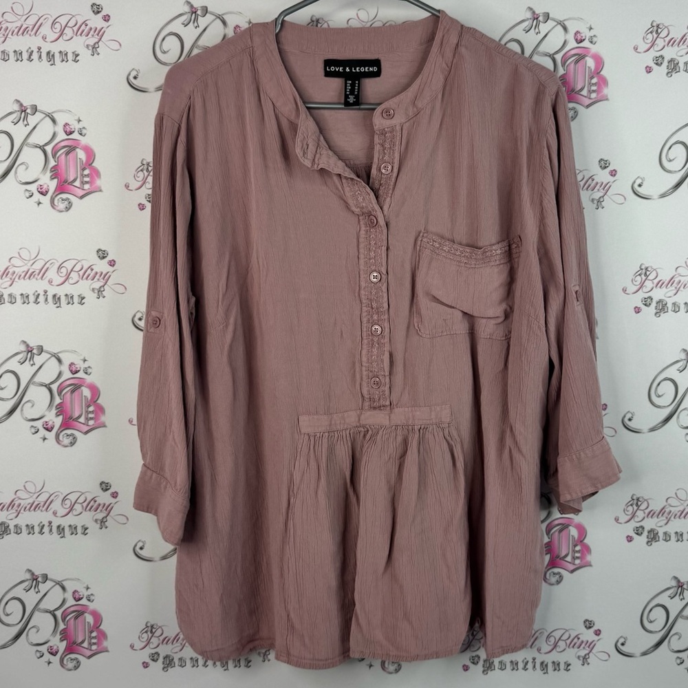 Love & Legend blouse peplum pink Mauve Button-Front Blouse lace detail pocket